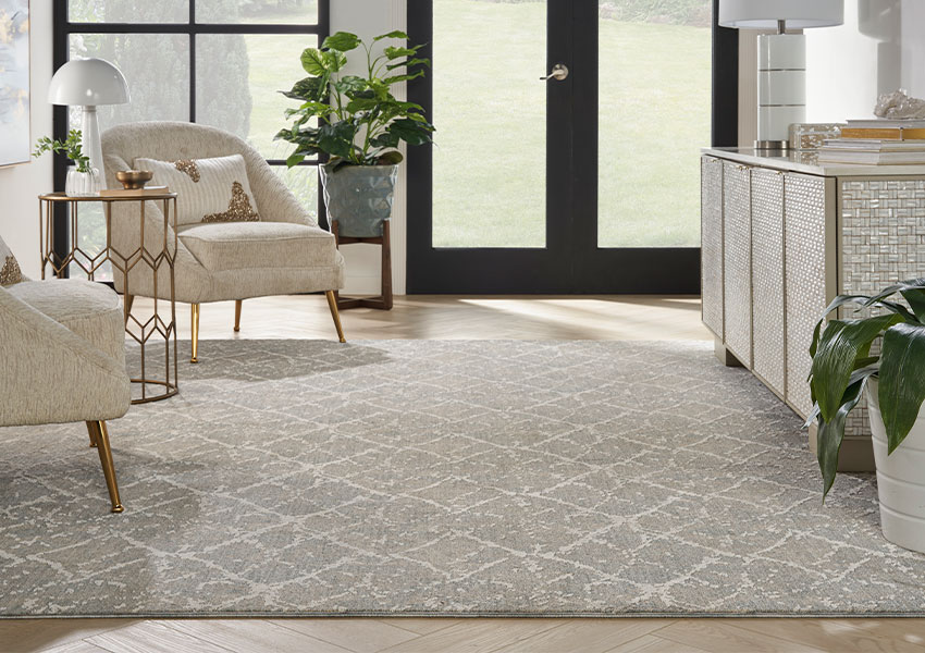 gray and white pattern area rug in living room